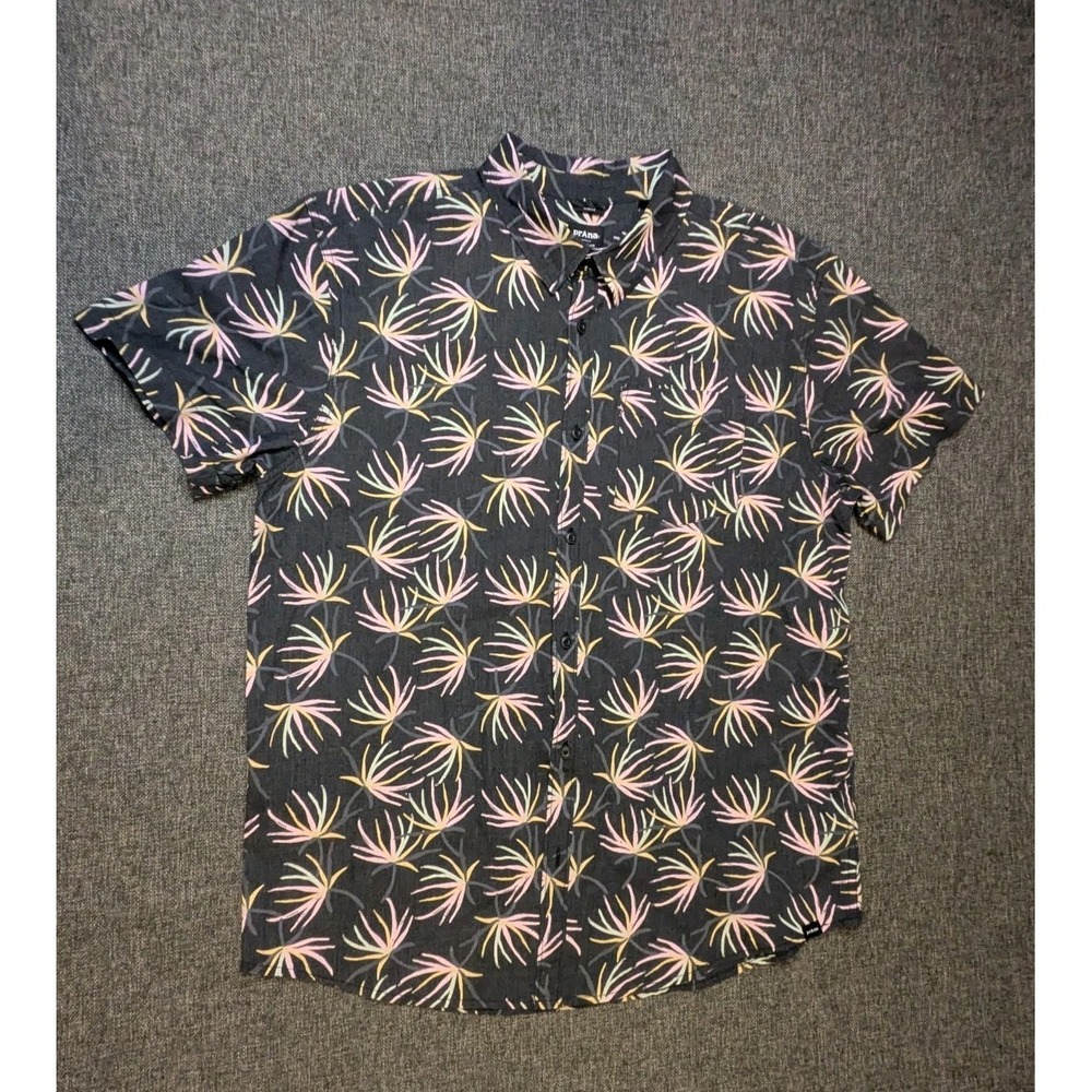 Prana Shirt Mens Large Abstract Floral Short Sleeve Button Up Shirt Standard Fit